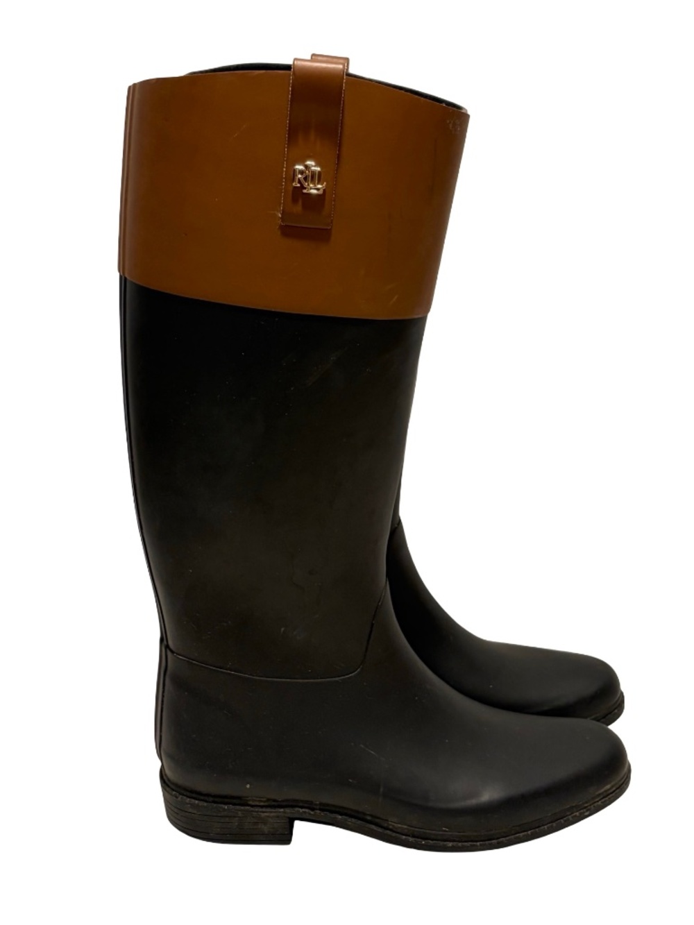 LAUREN RALPH LAUREN Barnes Black & Brown Matte Rubber Rain Boot Size US 9 Womens